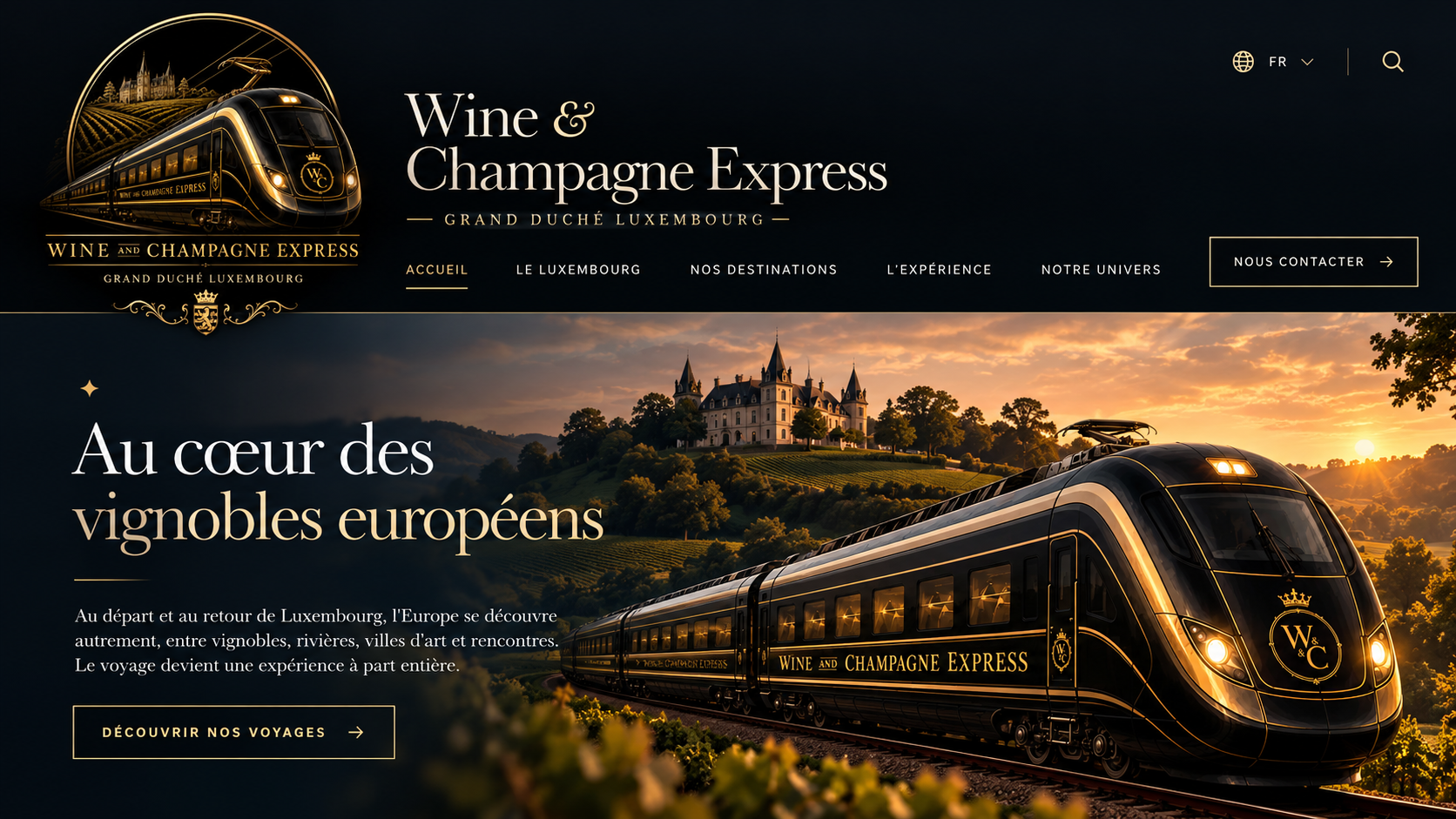 Proposition approuvée pour la première page Wine and Champagne Express : logo figuratif agrandi, nom de la marque et train traversant les vignobles