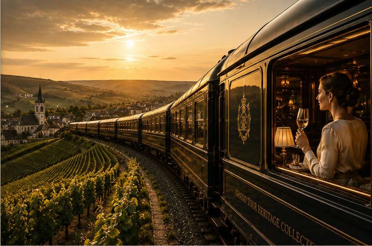 Paysage des vignobles champenois et train d'inspiration Grand Tour