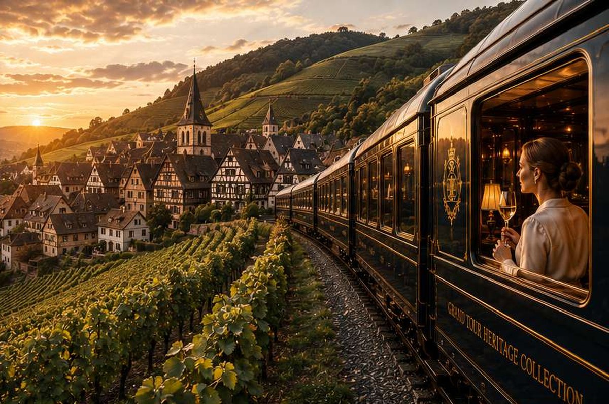 Village alsacien et paysage de vignes accompagnant un train de prestige