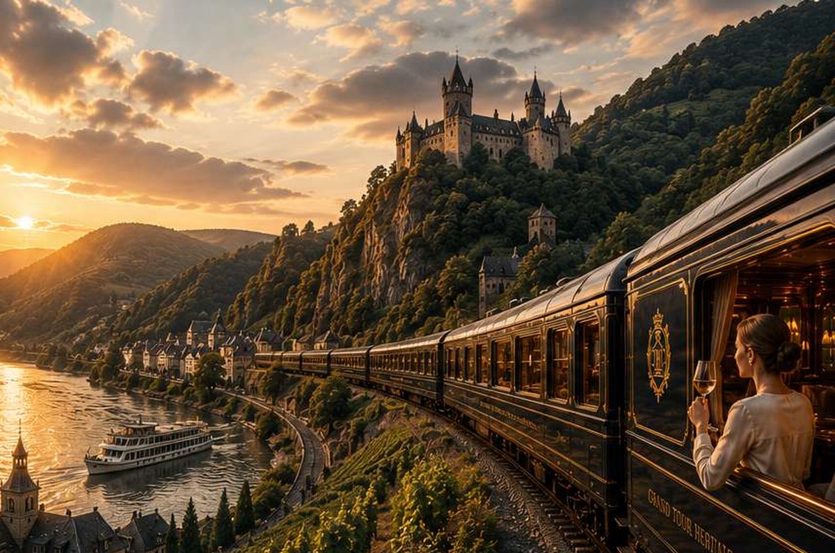 Train longeant le Rhin près d'un château sur les hauteurs