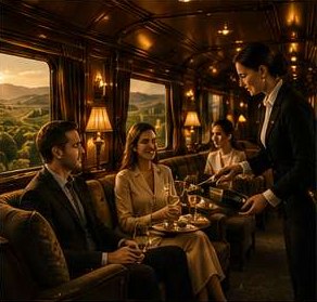 Salon de train élégant, imaginé pour recevoir les voyageurs