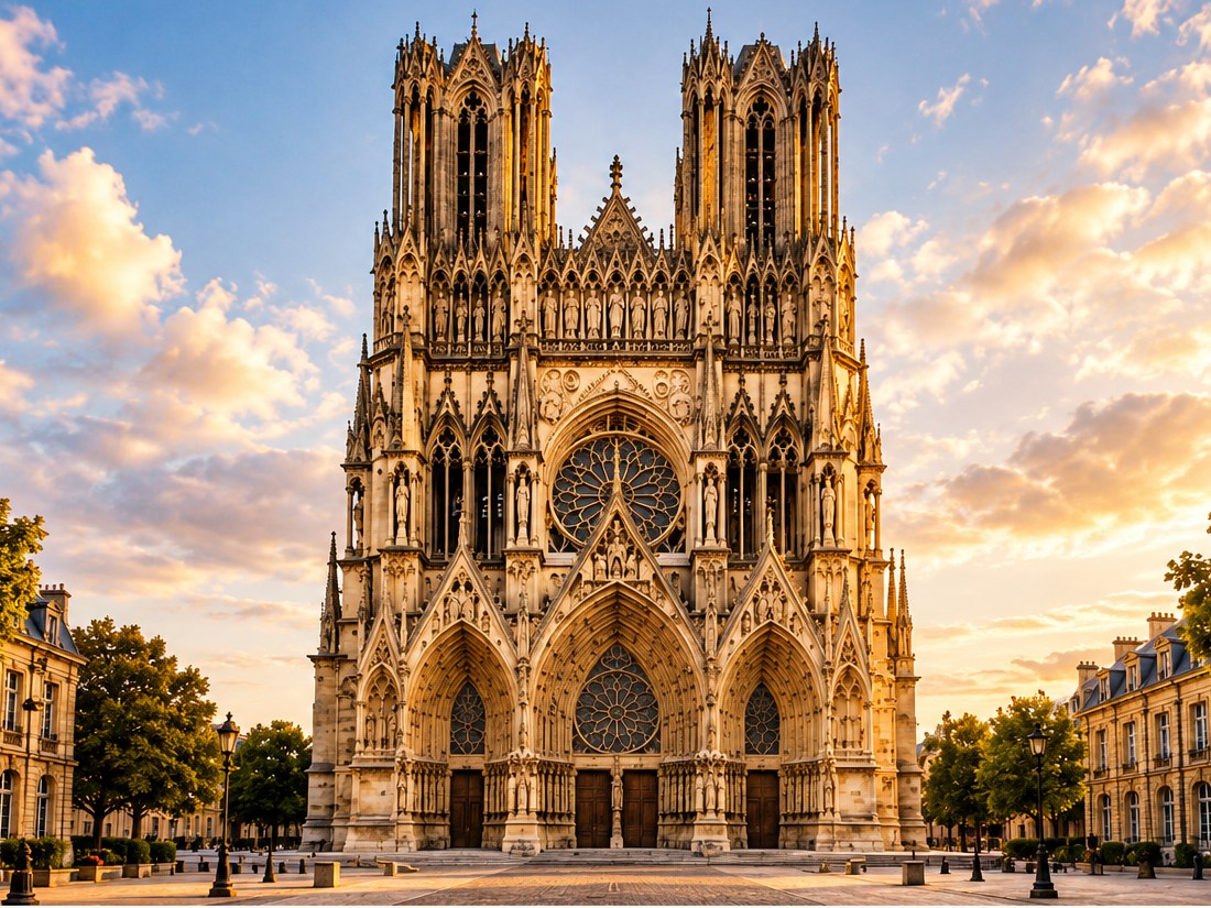Illustration de la cathédrale de Reims montrant entièrement ses deux tours et sa façade