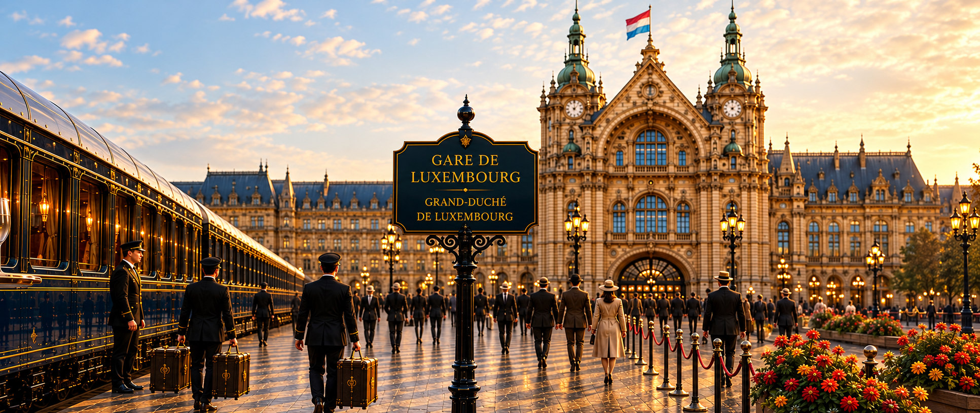 Gare de Luxembourg, Grand-Duché de Luxembourg — vue cadrée sur la façade et la pancarte de la gare